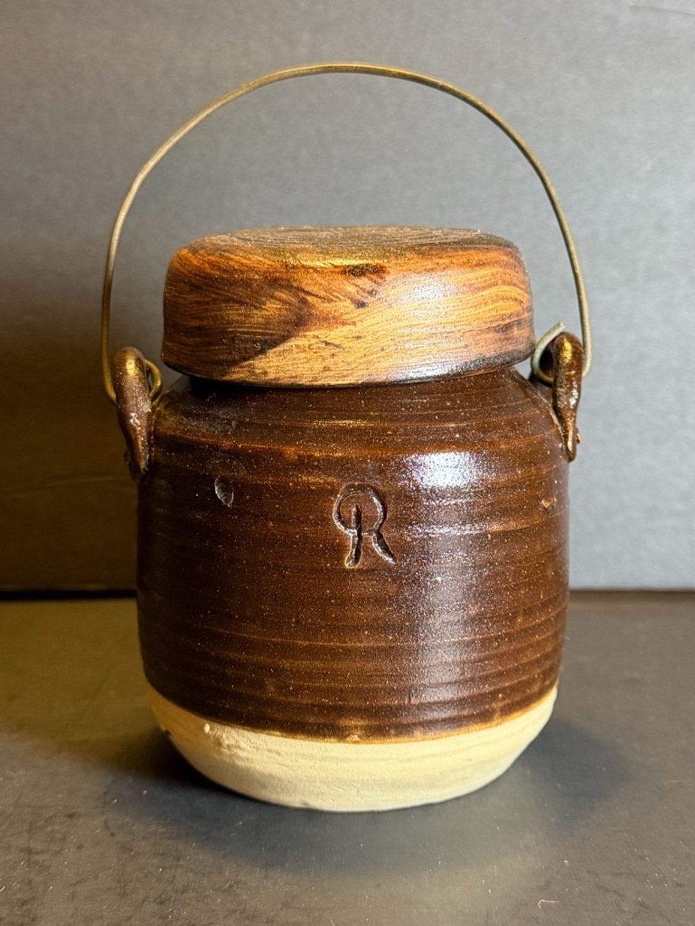 Small Vintage Stoneware Crock With Lid & Handle